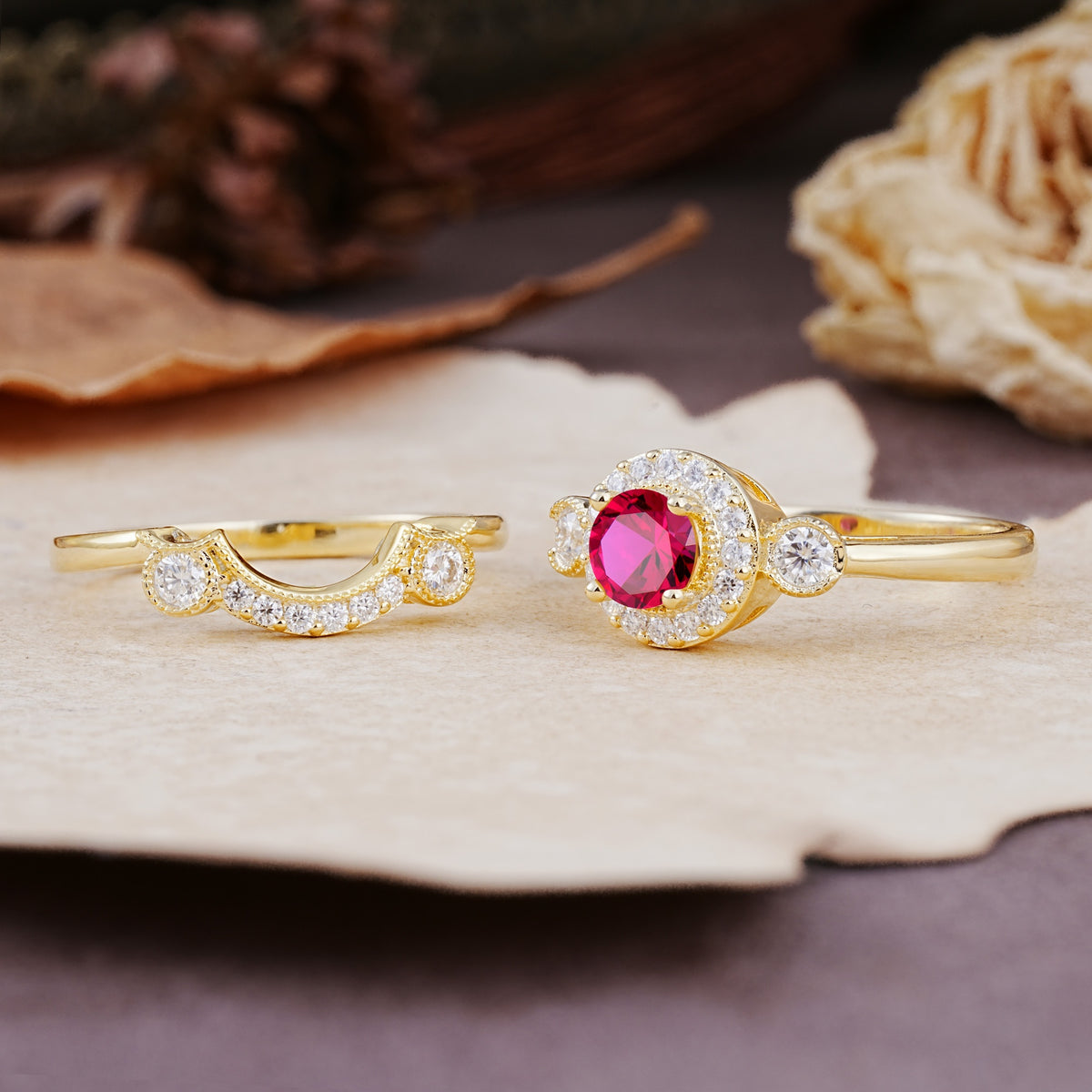 Classic Luxurious 4-Prong Round Cut Ruby Wedding Bride Ring Set - Additional view