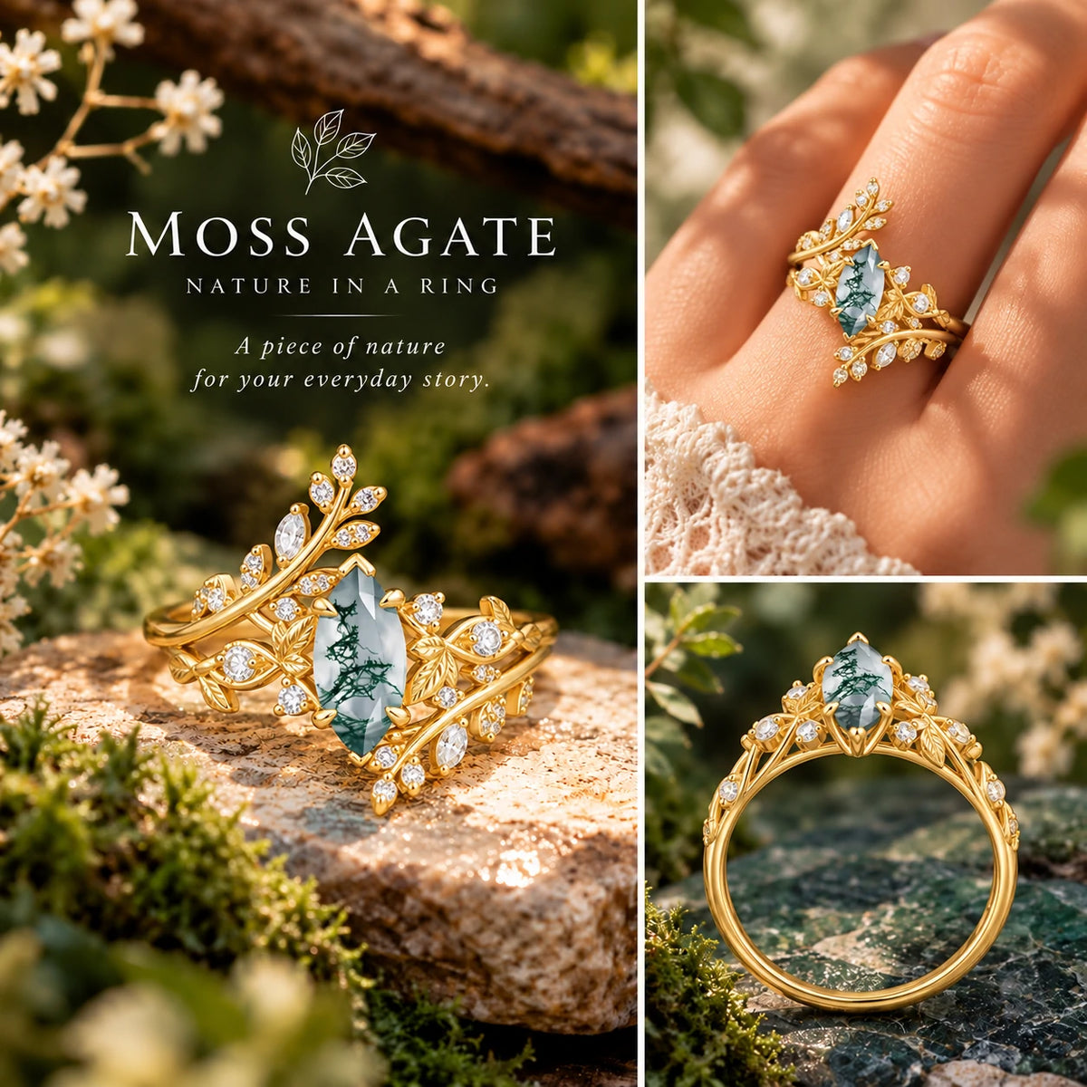 Nature-Inspired Unique Aphrodite's Garden Marquise-Cut Moss Agate Emerald LeafAphrodite's Bridal Ring Set | RamaSoul