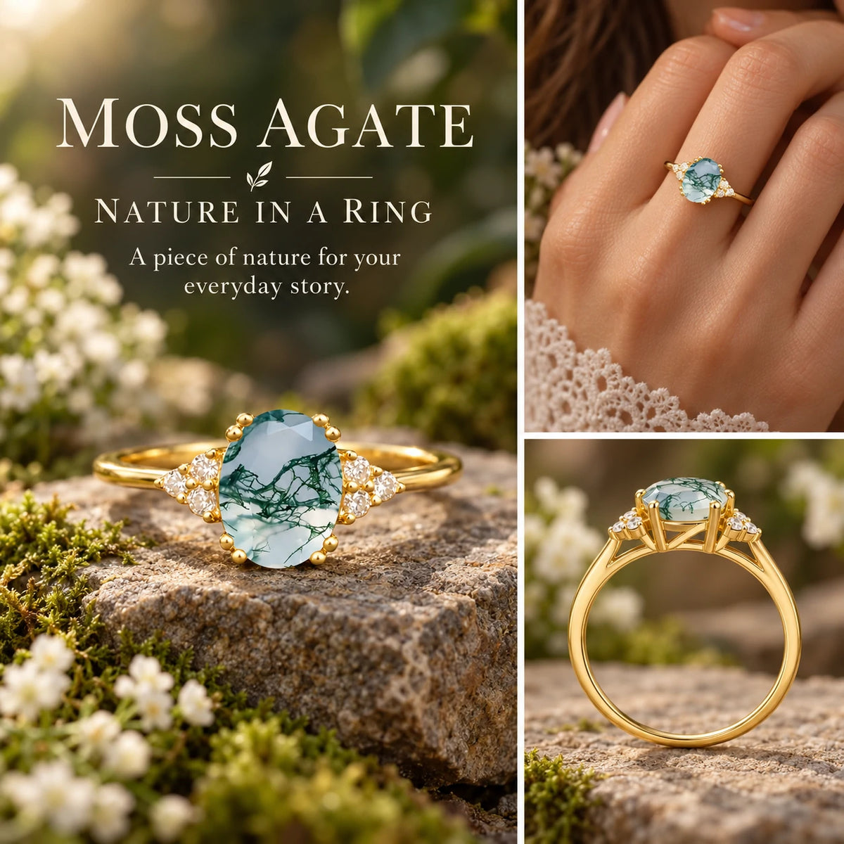 Classic Vintage 8-Prong Oval Cut Moss Agate Engagement Ring