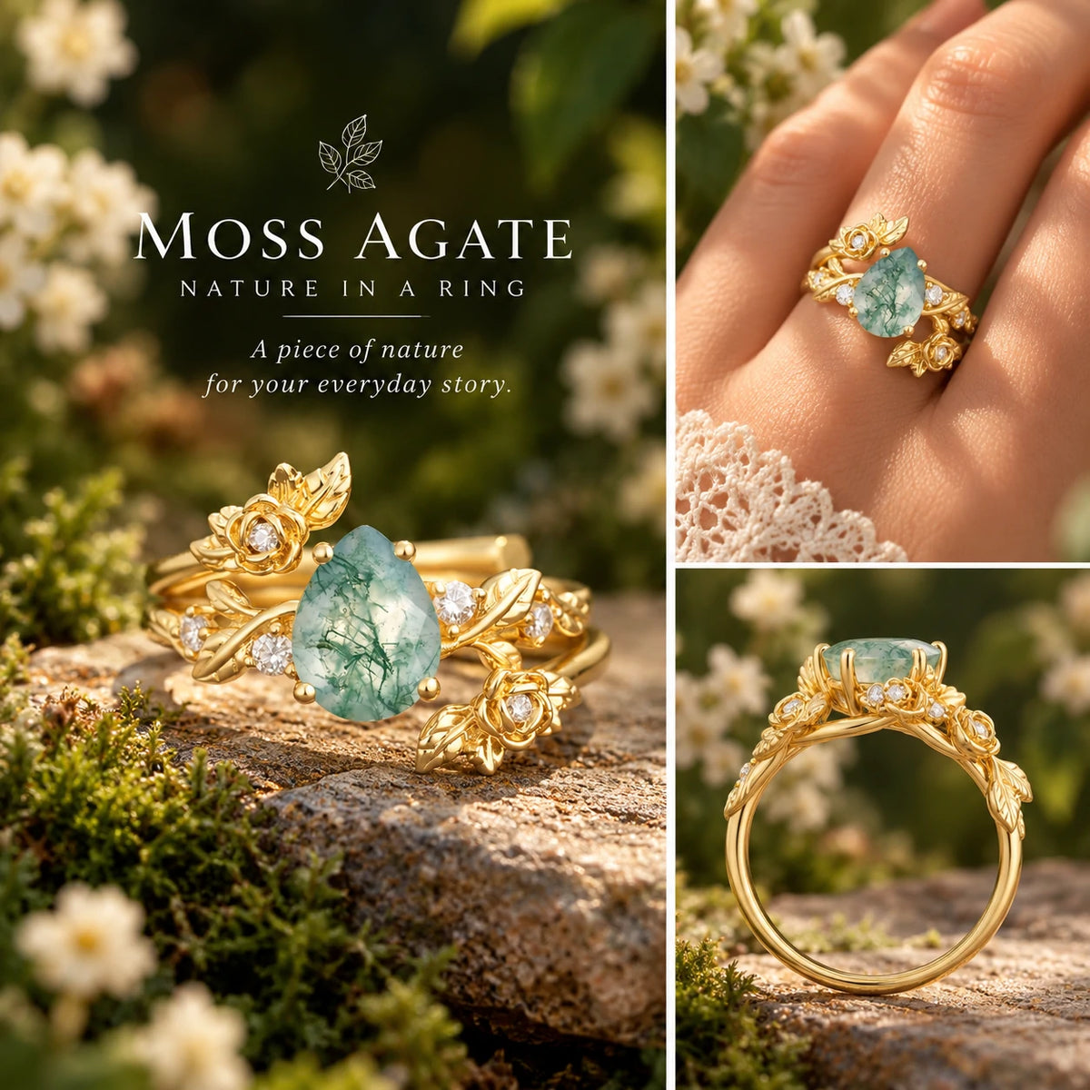 Nature-Inspired Luxury Aphrodite's Garden Pear-Cut Moss Agate Floral Bridal Ring Set | RamaSoul
